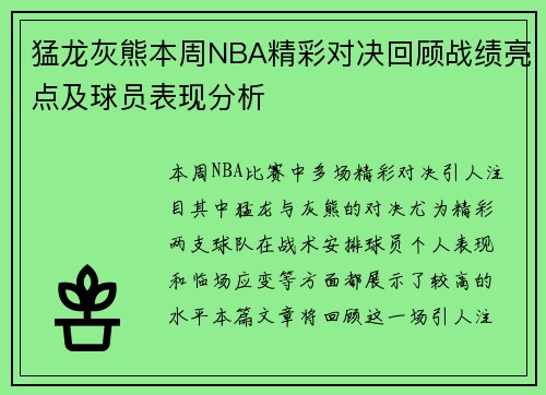 猛龙灰熊本周NBA精彩对决回顾战绩亮点及球员表现分析