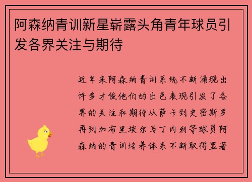 阿森纳青训新星崭露头角青年球员引发各界关注与期待